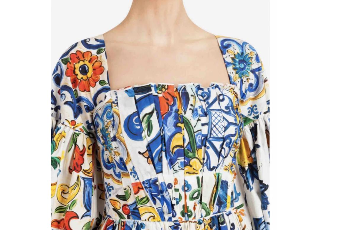 Gray Dolce & Gabbana Multicolor Cotton Floral Sicily Maiolica Midi Dress Majolica