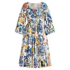 Dolce & Gabbana Multicolor Cotton Floral Sicily Maiolica Midi Dress Majolica