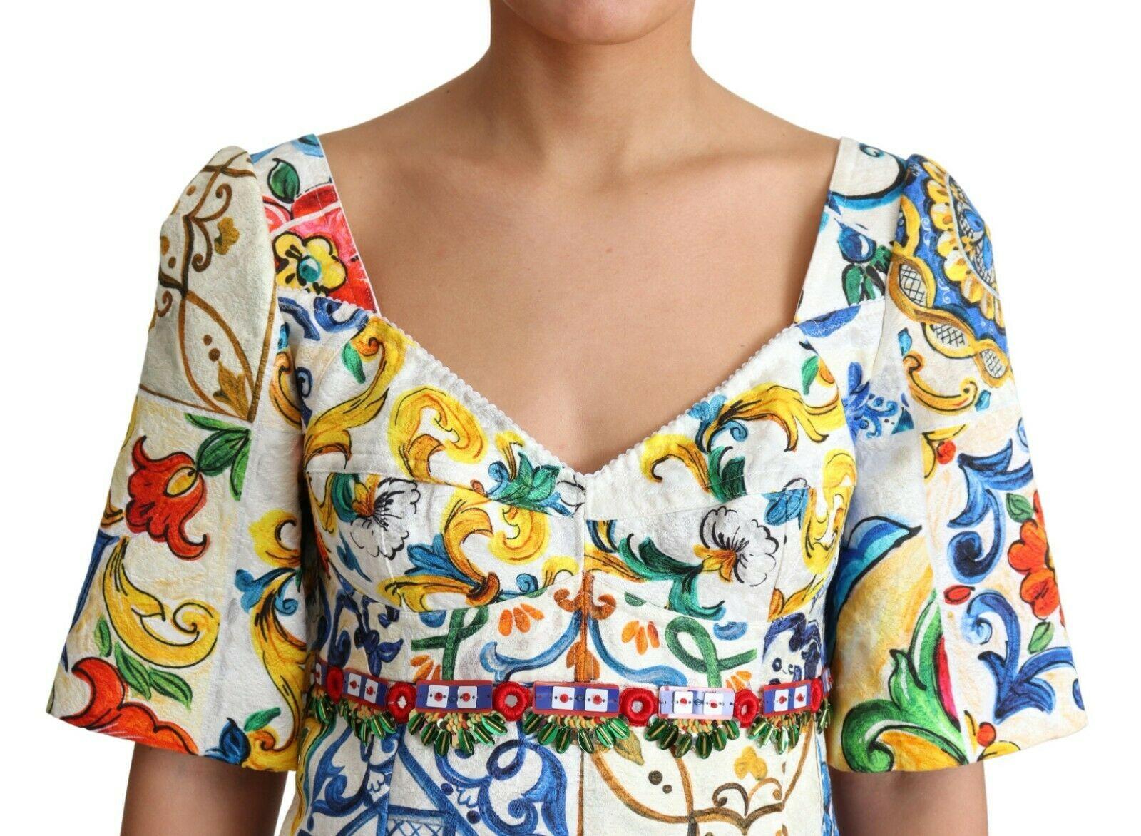 Beige Dolce & Gabbana Multicolor Cotton Floral Sicily Maiolica Mini Dress Majolica DG For Sale