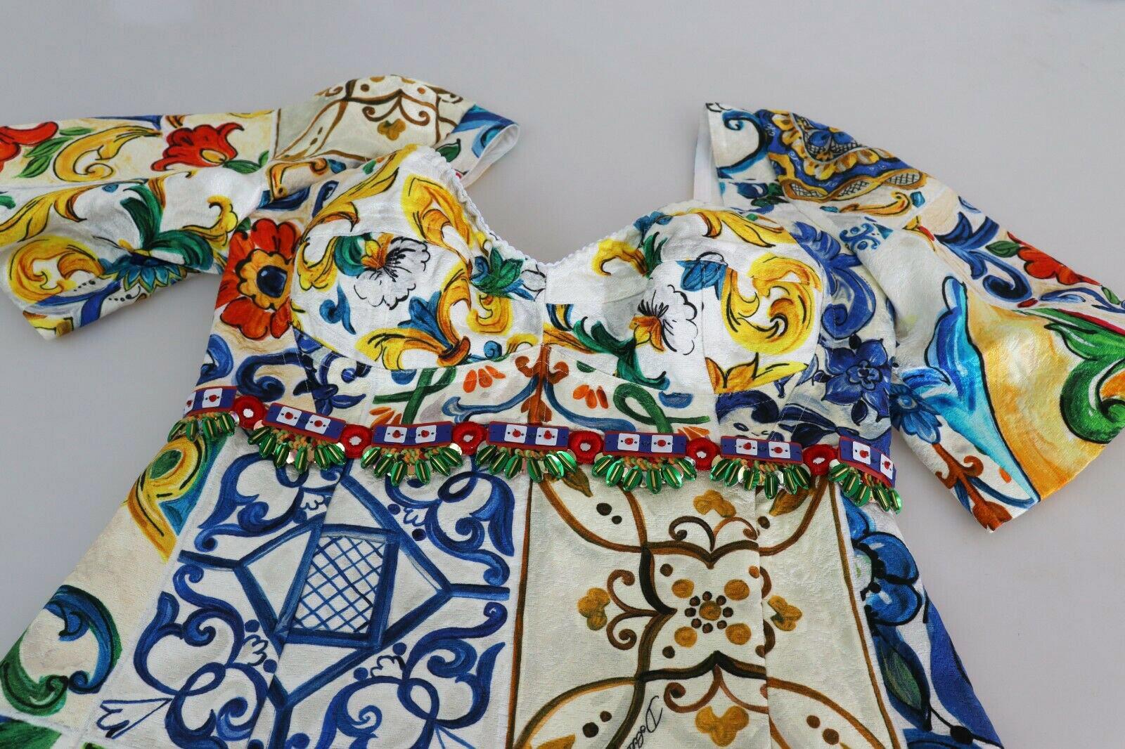 Dolce & Gabbana Multicolor Cotton Floral Sicily Maiolica Mini Dress Majolica DG In New Condition For Sale In WELWYN, GB
