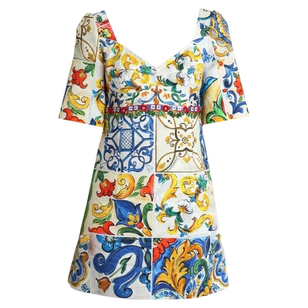 Dolce and Gabbana Multicolor Cotton Floral Sicily Maiolica Mini Dress  Majolica DG For Sale at 1stDibs
