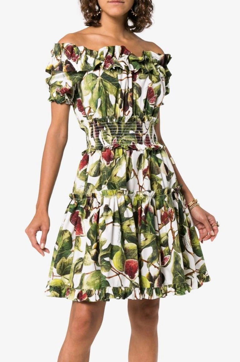 Dolce and Gabbana Multicolour Cotton Mid Length Dress Figs Print Green  Ruffles at 1stDibs