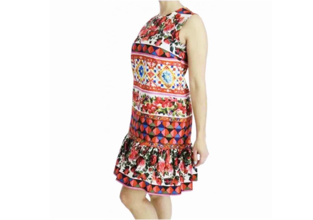 Dolce & Gabbana Multicolor Cotton Sicily Caretto Rose Midi Dress Mid-length Red In New Condition In WELWYN, GB