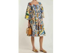 Dolce & Gabbana Multicolor Cotton Sicily Maiolica Floral Midi Dress Mid-length