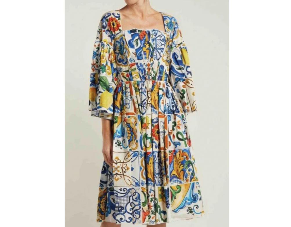 Gray Dolce & Gabbana Multicolor Cotton Sicily Maiolica Floral Midi Dress Mid-length
