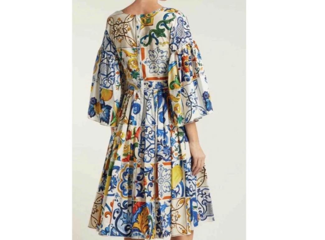 Dolce & Gabbana Multicolor Cotton Sicily Maiolica Floral Midi Dress Mid-length In New Condition In WELWYN, GB