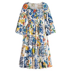 Dolce & Gabbana Multicolor Cotton Sicily Maiolica Floral Midi Dress Mid-length