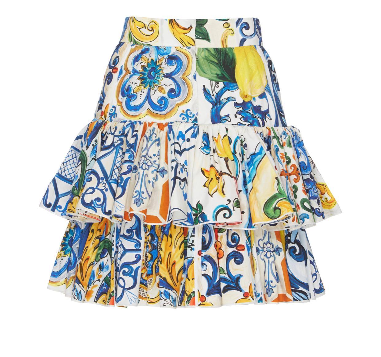 Gray Dolce & Gabbana Multicolor Cotton Sicily Maiolica Floral Midi Skirt Ruffled