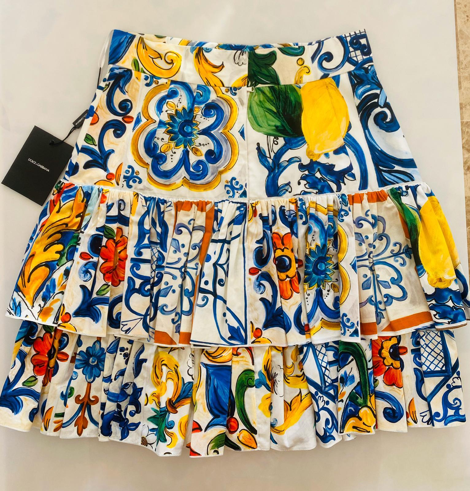 Dolce & Gabbana Multicolor Cotton Sicily Maiolica Floral Midi Skirt Ruffled In New Condition In WELWYN, GB