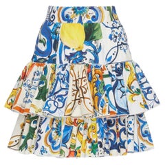 Dolce & Gabbana Multicolor Cotton Sicily Maiolica Floral Midi Skirt Ruffled