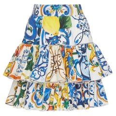 Dolce & Gabbana Mehrfarbiger Midirock aus Baumwolle Sicily Maiolica mit Blumenmuster, gerafft
