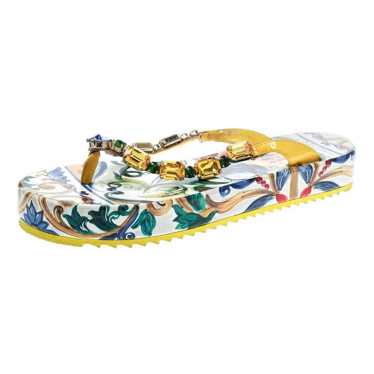 Dolce And Gabbana Multicolor Crystal Embellished Leather Platform Thong Sandals 38 For Sale At 1stdibs