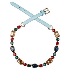 Dolce & Gabbana - Multicolor Crystal Lizard Texture Leather Chain Belt Blue S