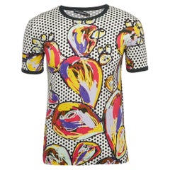 Dolce & Gabbana Mehrfarbig gepunktetes & geriffeltes Baumwoll-T-Shirt mit halben Ärmeln und Scribbled-Druck S