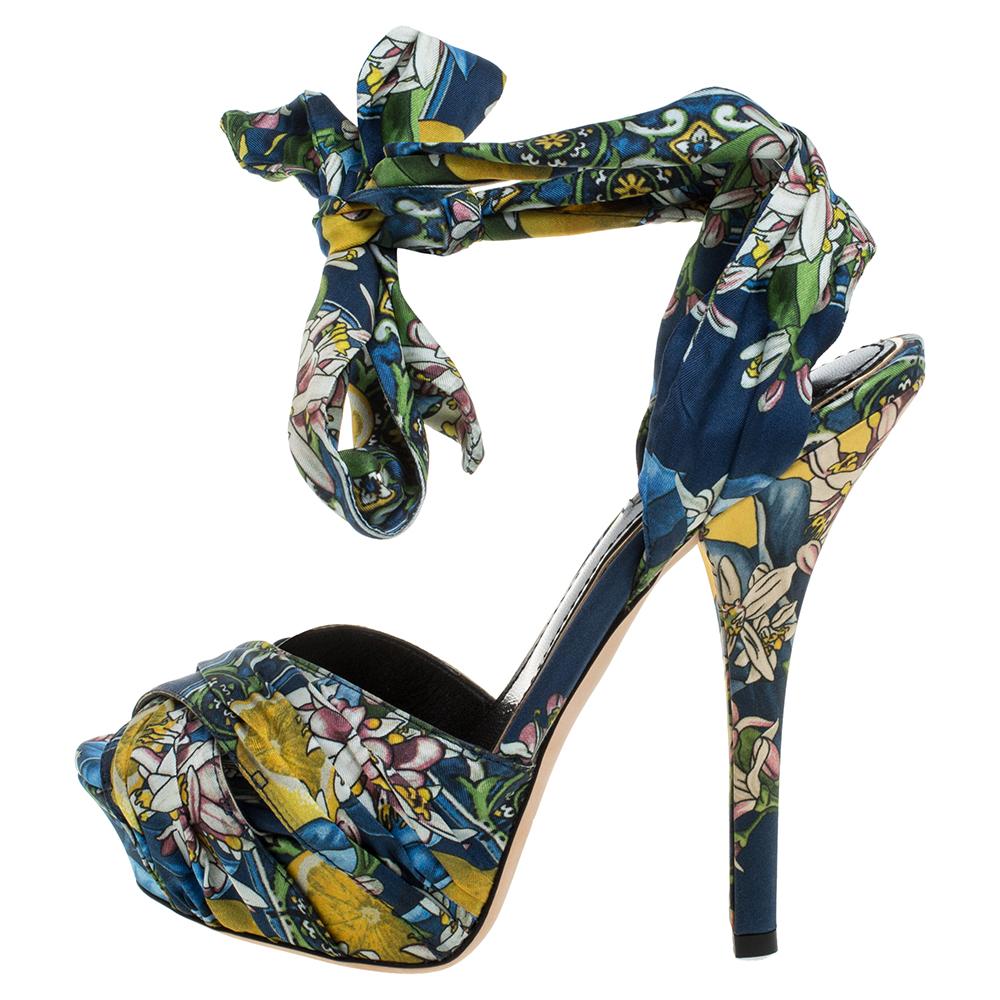 Women's Dolce & Gabbana Multicolor Fabric Ankle Wrap Sandals Size 38