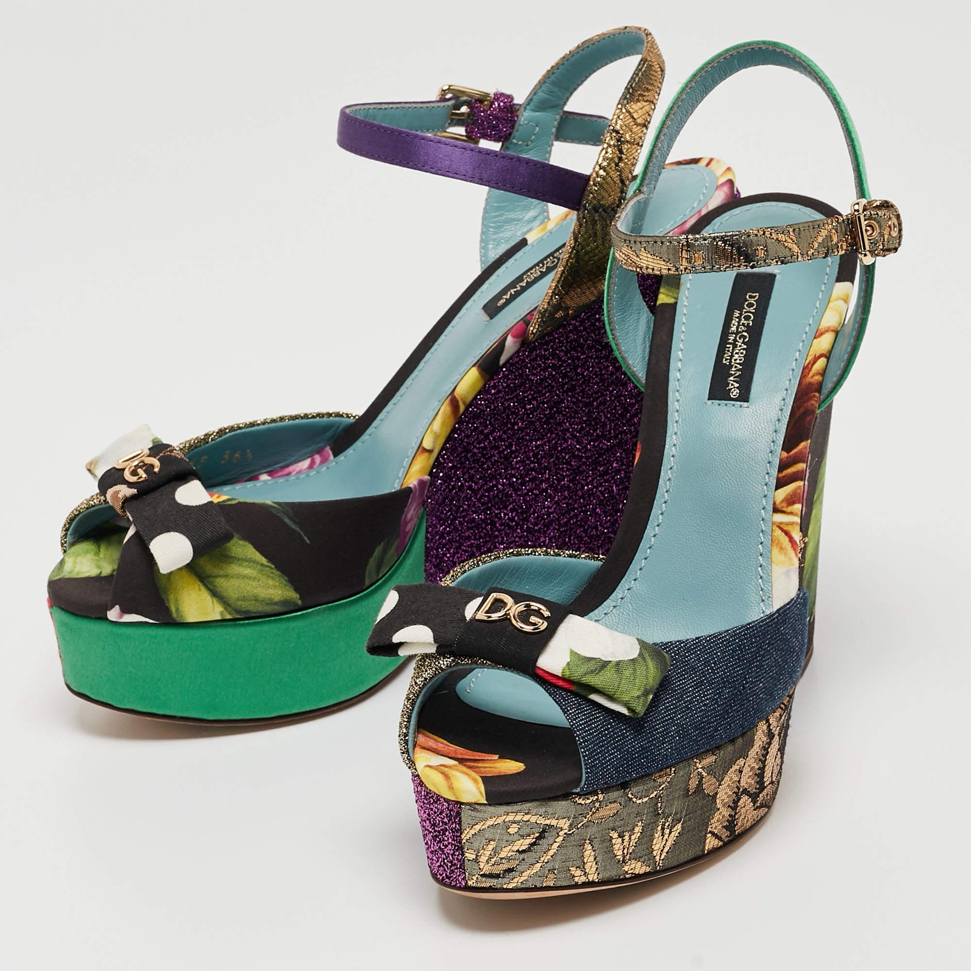 Women's Dolce & Gabbana Multicolor Fabric Platform Wedge Ankle Strap Sandals Size 36.5