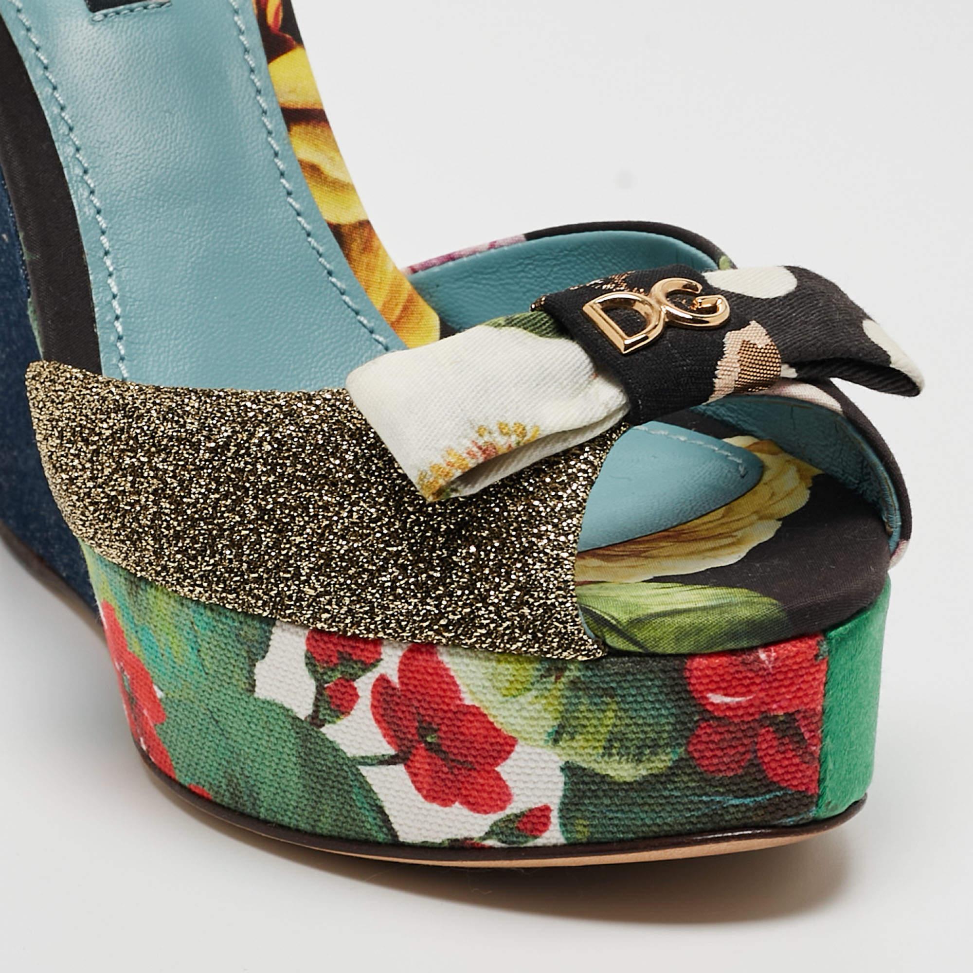 Dolce & Gabbana Multicolor Fabric Platform Wedge Ankle Strap Sandals Size 36.5 2