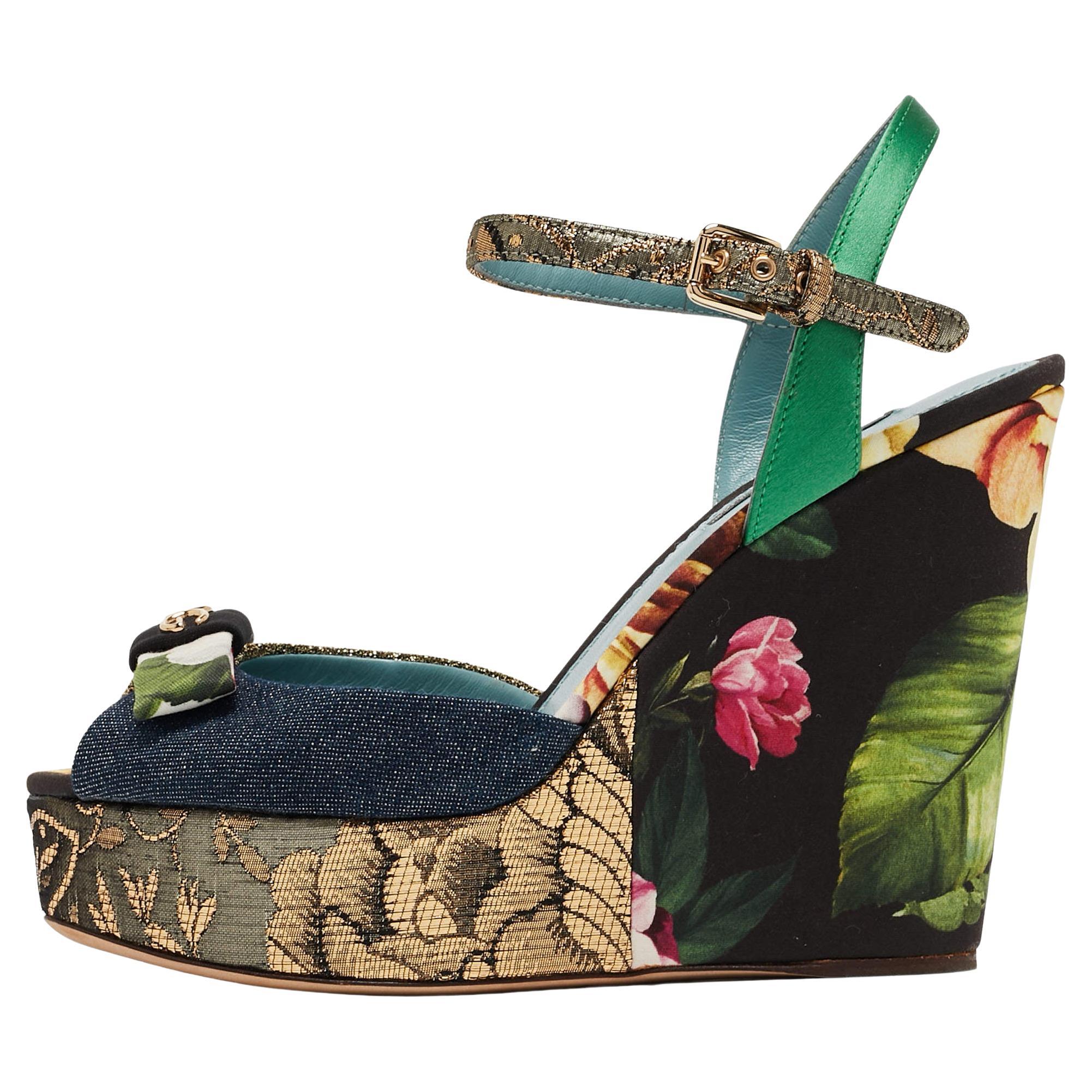 Dolce & Gabbana Multicolor Fabric Platform Wedge Ankle Strap Sandals Size 36.5