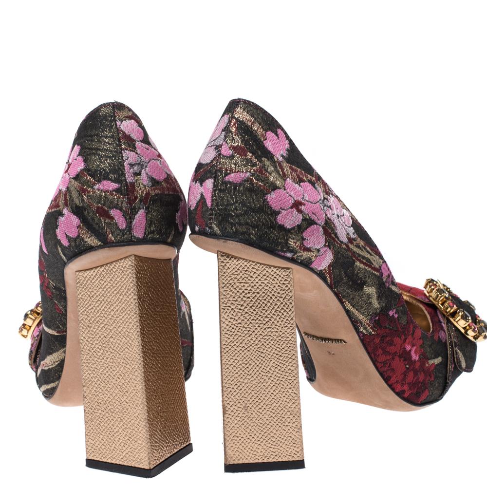 Black Dolce & Gabbana Multicolor Floral Brocade Fabric Block Heel Pumps Size 39