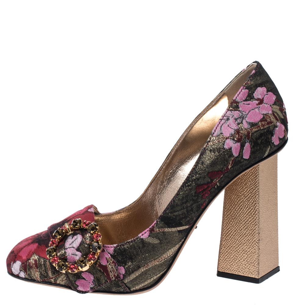Women's Dolce & Gabbana Multicolor Floral Brocade Fabric Block Heel Pumps Size 39