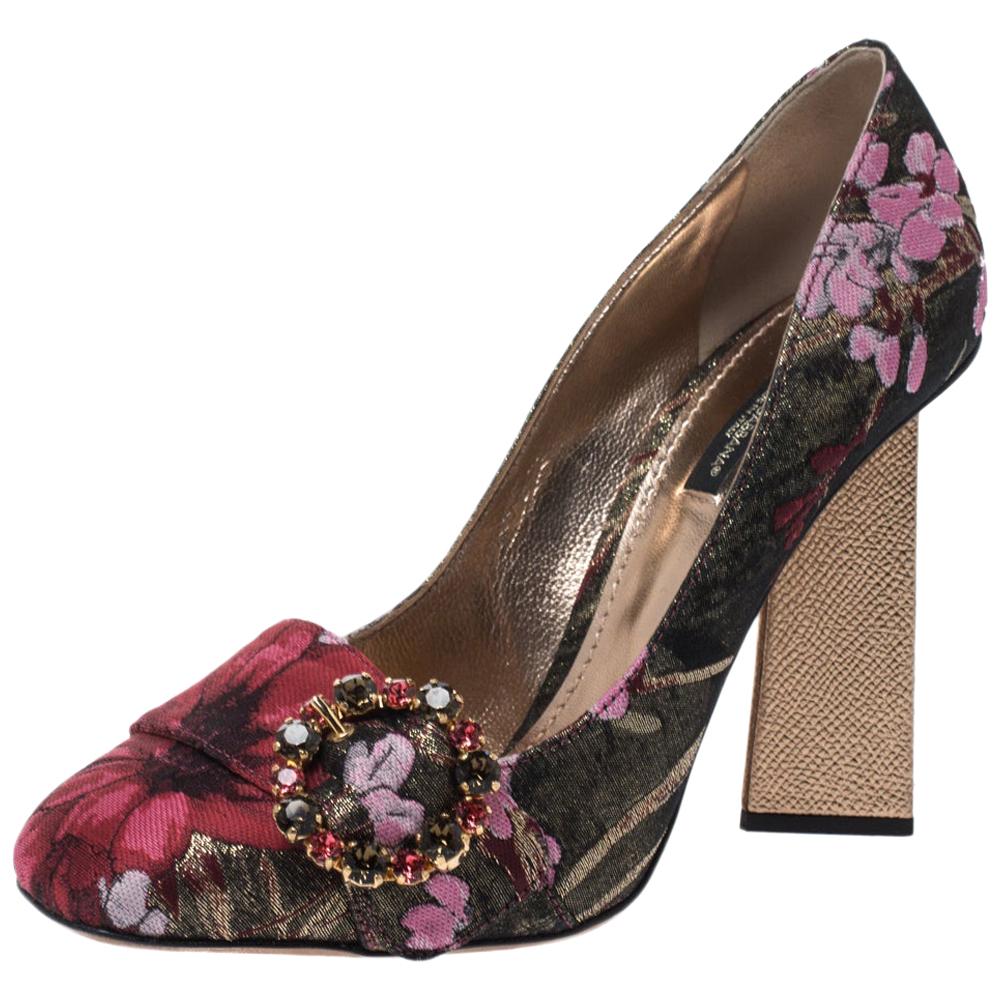 Dolce & Gabbana Multicolor Floral Brocade Fabric Block Heel Pumps Size 39