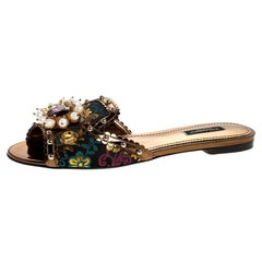 Dolce & Gabbana Multicolor Floral Brocade Trim Faux Pearl Flat Slides Size 40