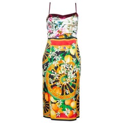 Dolce & Gabbana Multicolor Floral Lemon Print Silk Satin Sheath Dress S