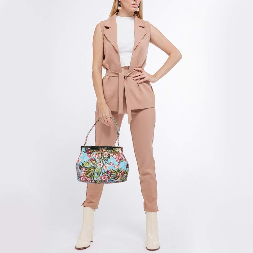 Gray Dolce & Gabbana Multicolor Floral Print Canvas Kisslock Frame Bag
