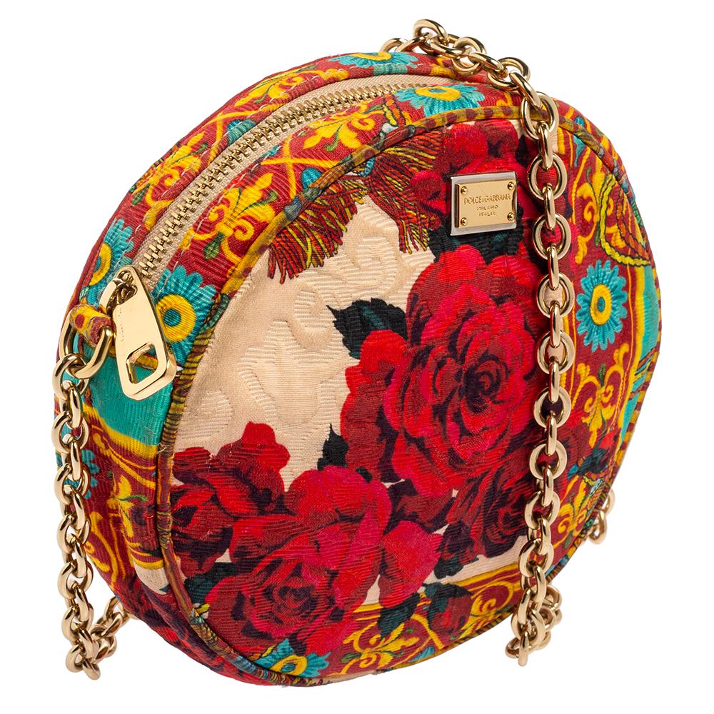 Red Dolce & Gabbana Multicolor Floral Print Fabric Miss Glam Round Shoulder Bag