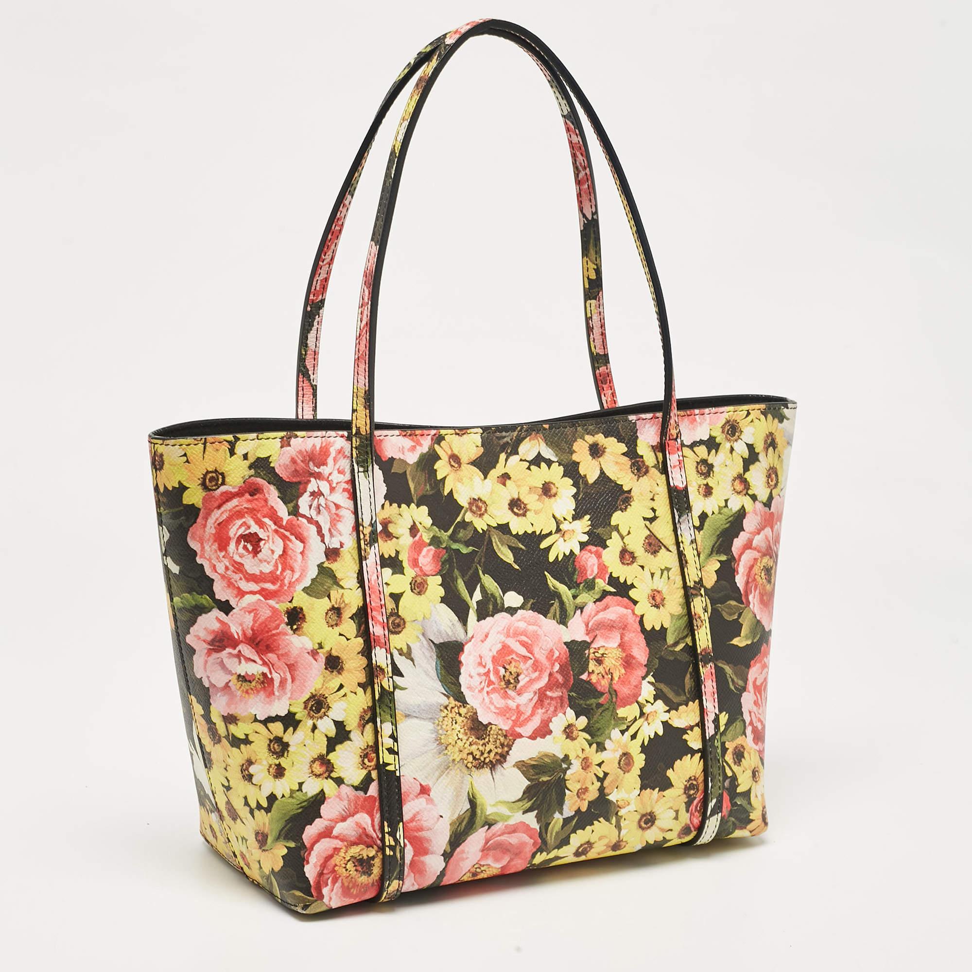Beige Dolce & Gabbana Multicolor Floral Print Leather Miss Escape Tote
