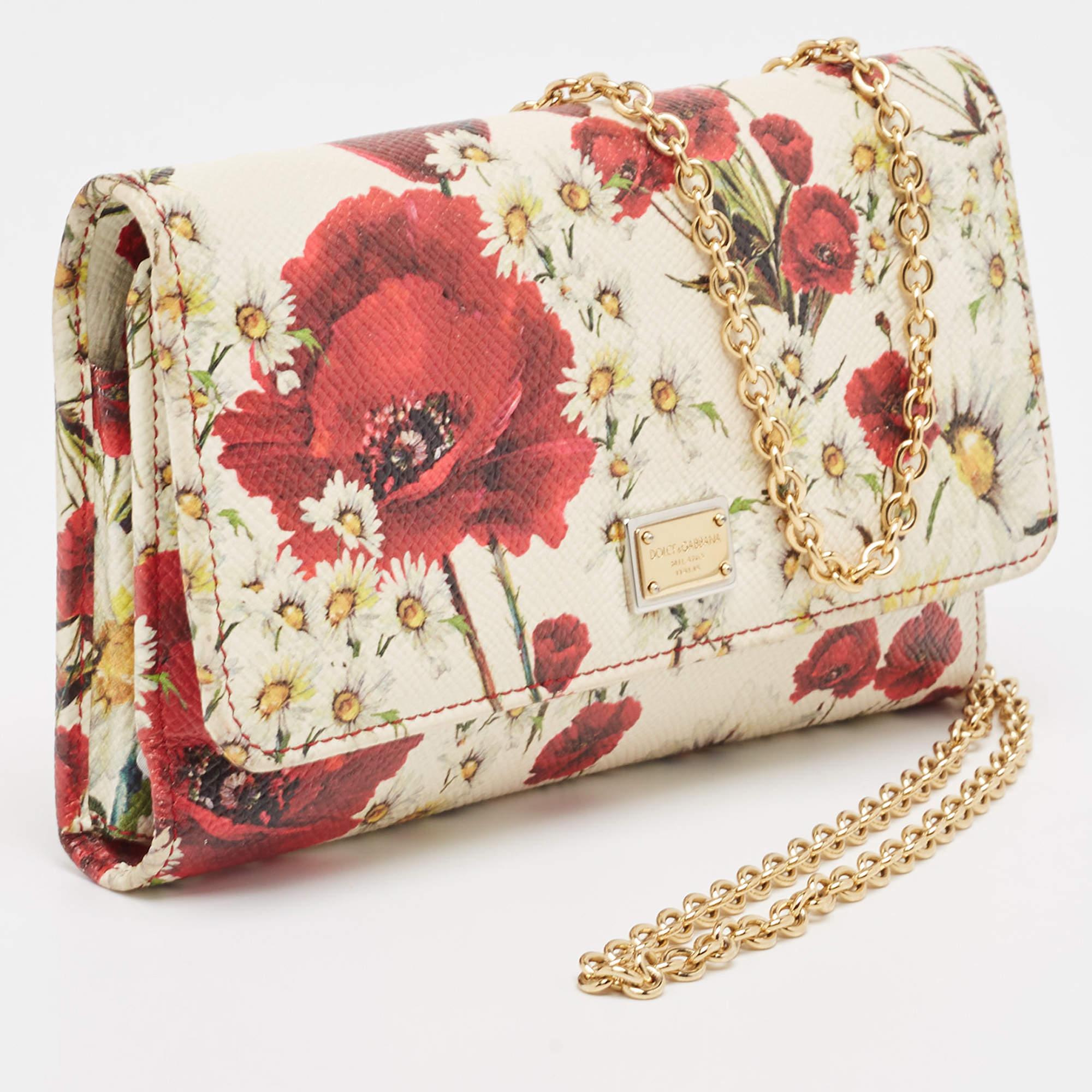Dolce & Gabbana Multicolor Floral Print Leather Trifold Wallet on Chain 5