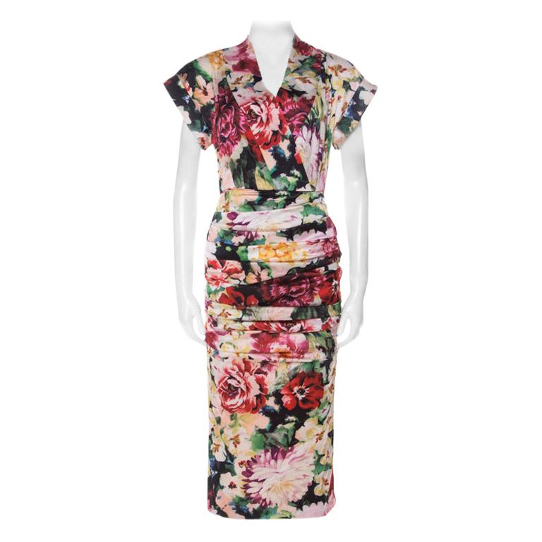 Dolce & Gabbana Multicolor Floral Print Silk Stretch Draped Dress S