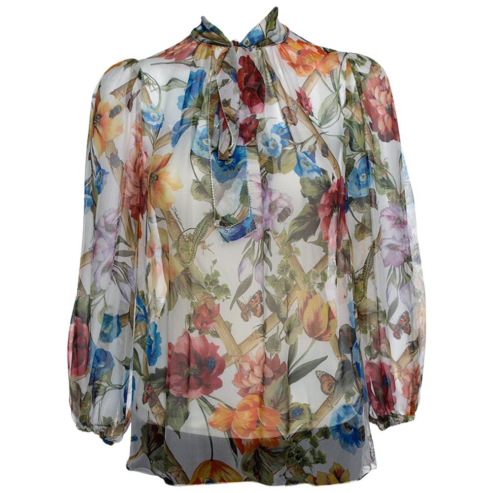 Dolce 
Gabbana Multicolor Floral Printed Chiffon Neck Tie Detail Sheer Top S