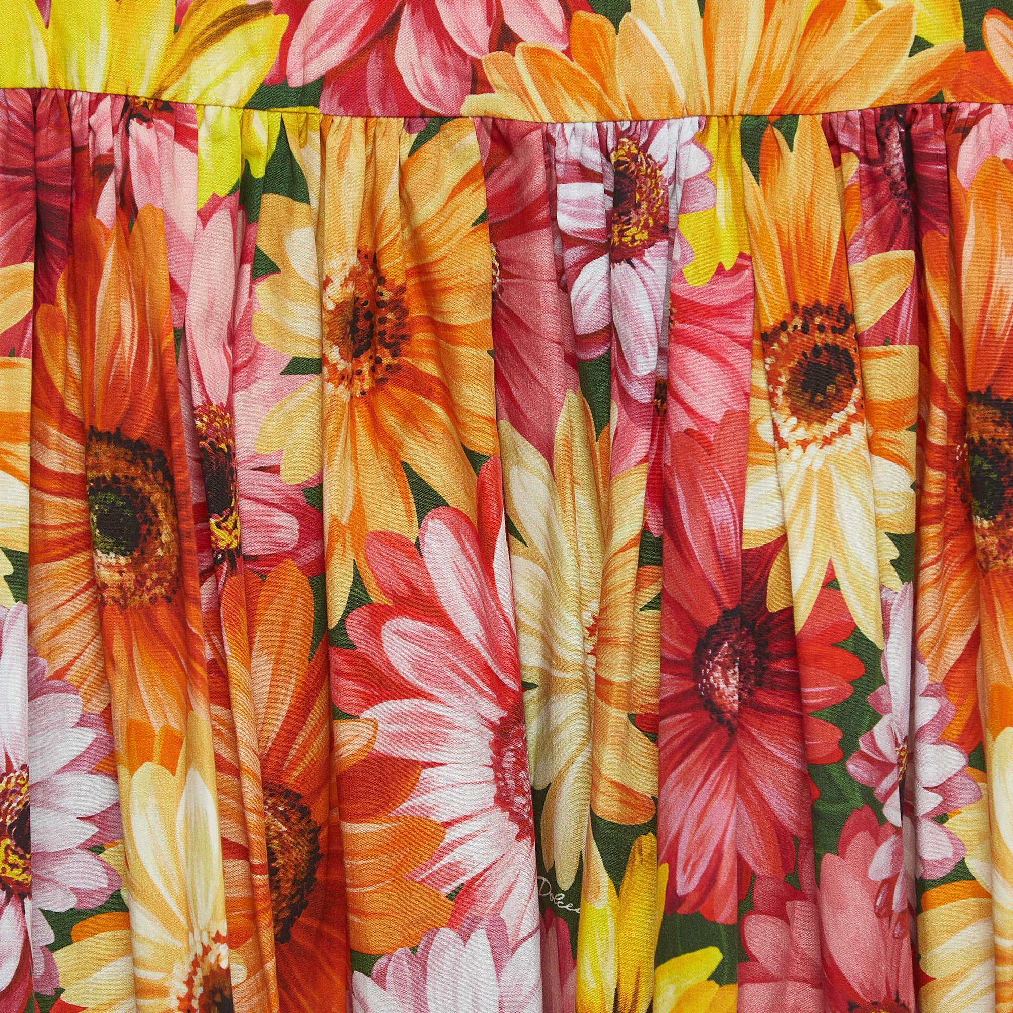 Marron Robe en popeline de coton imprimée à fleurs multicolores Dolce & Gabbana (11-12 Yrs) en vente