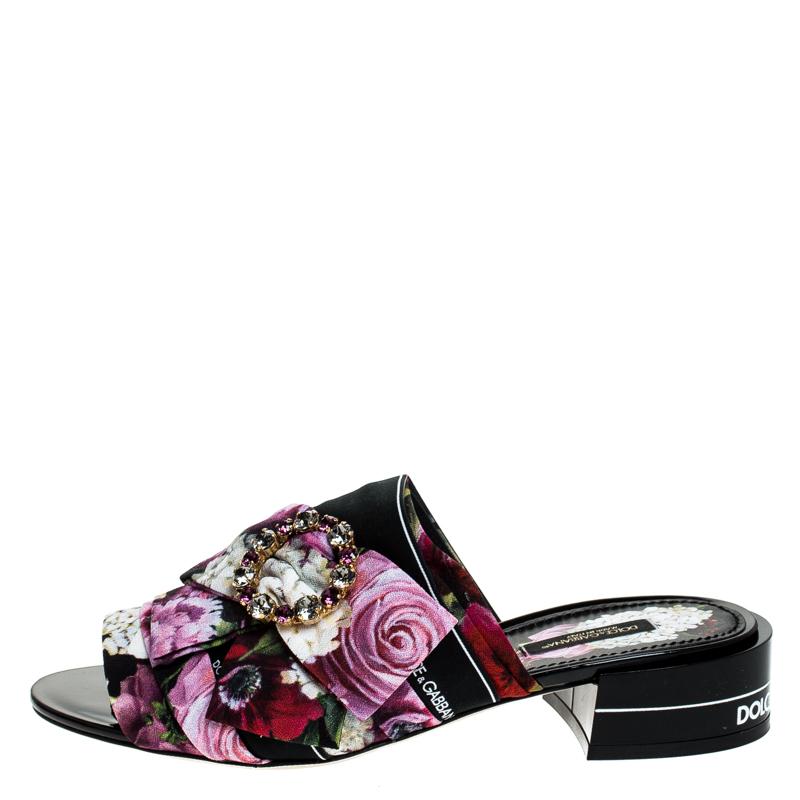 Dolce & Gabbana Multicolor Floral Printed Crystal Bow Open Toe Mules Size 39 1