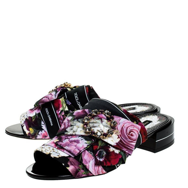 Dolce & Gabbana Multicolor Floral Printed Crystal Bow Open Toe Mules Size 39 2