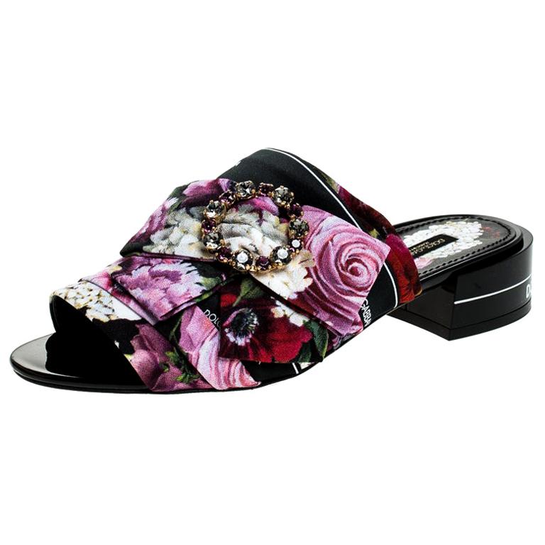 Dolce & Gabbana Multicolor Floral Printed Crystal Bow Open Toe Mules Size 39
