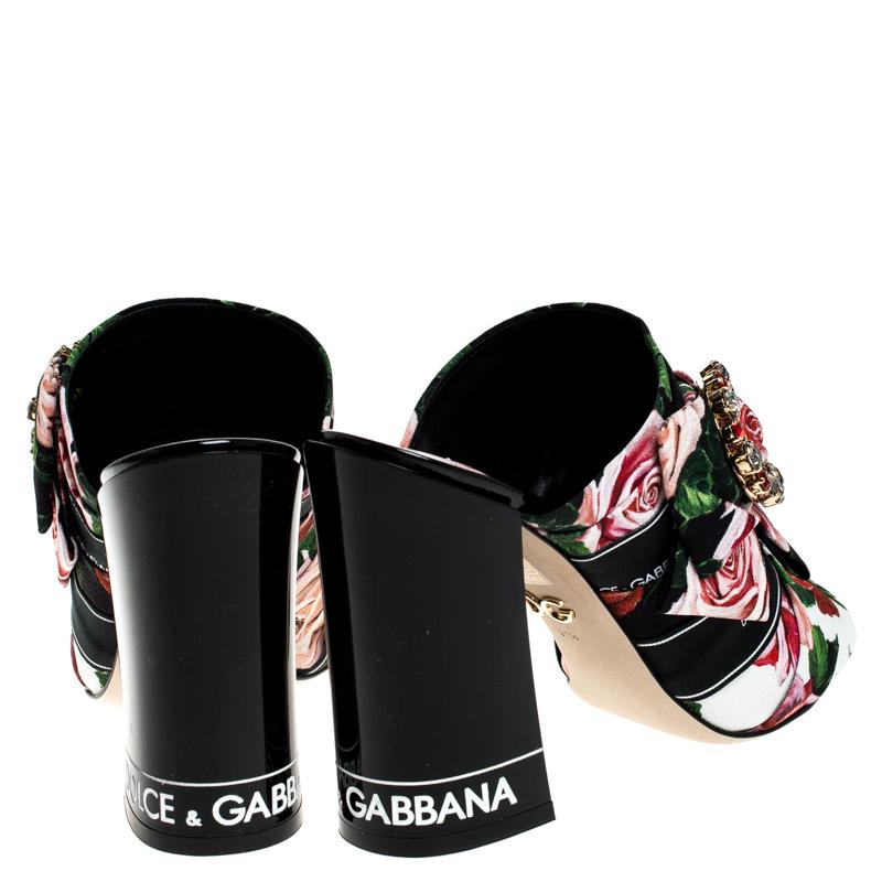 Black Dolce & Gabbana Multicolor Floral Printed Fabric Crystal Bow Mules Size 38