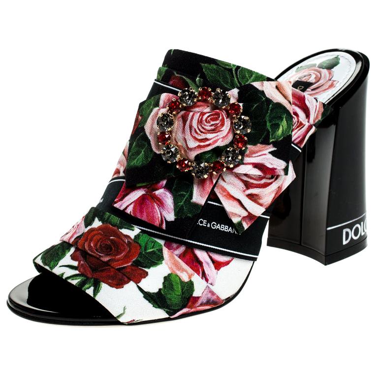 Dolce & Gabbana Multicolor Floral Printed Fabric Crystal Bow Mules Size 38