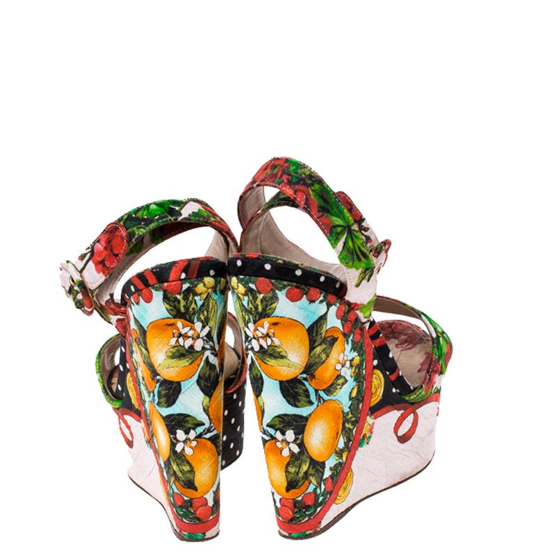 Beige Dolce & Gabbana Multicolor Floral Printed Fabric Foulard Platform Wedge Sandals 