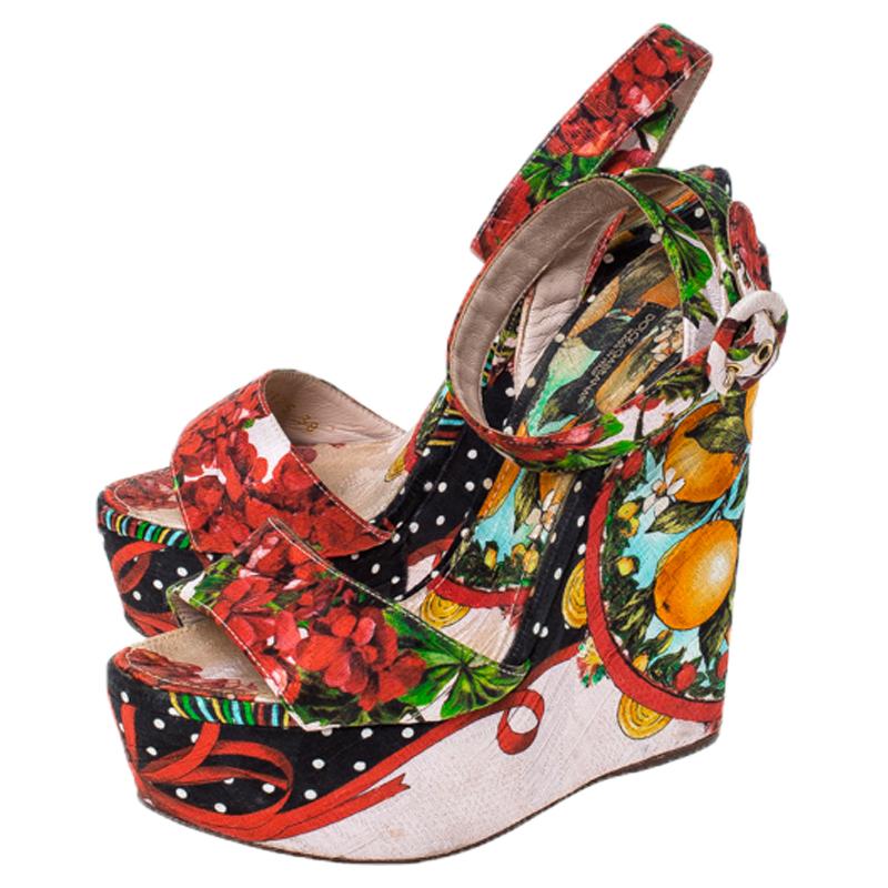 Dolce & Gabbana Multicolor Floral Printed Fabric Foulard Platform Wedge Sandals  In Good Condition In Dubai, Al Qouz 2