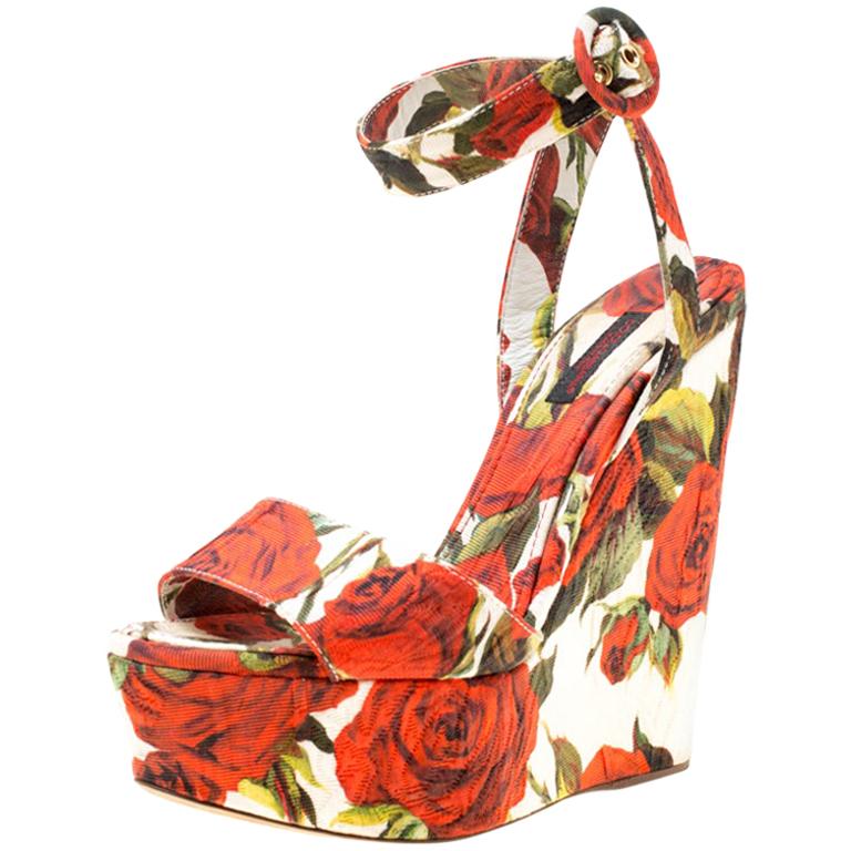 Dolce & Gabbana Multicolor Floral Printed Fabric Platform Wedge Sandal Size 37.5