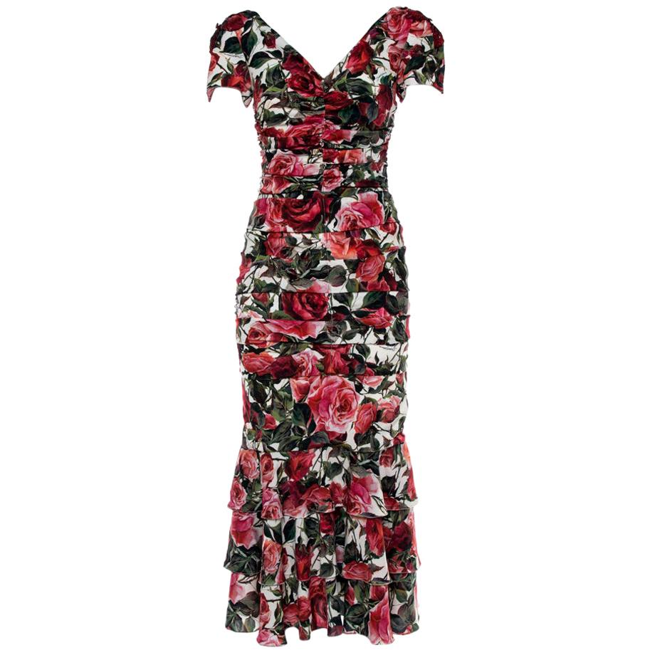 Dolce & Gabbana Multicolor Floral Printed Silk Crepe Ruched Midi Dress S