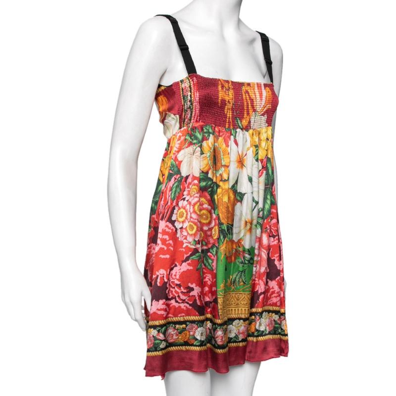 Beige Dolce & Gabbana Multicolor Floral Printed Silk Sleeveless Mini Dress M For Sale