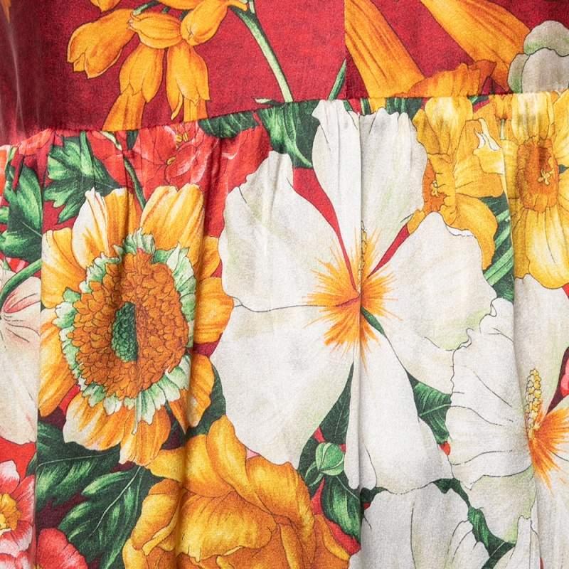 Beige Dolce & Gabbana - Mini robe sans manches en soie imprimée à fleurs multicolores, taille M en vente