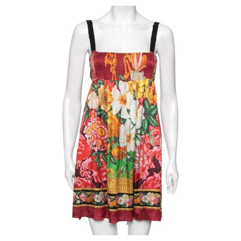 Dolce & Gabbana - Mini robe sans manches en soie imprimée à fleurs multicolores, taille M en vente