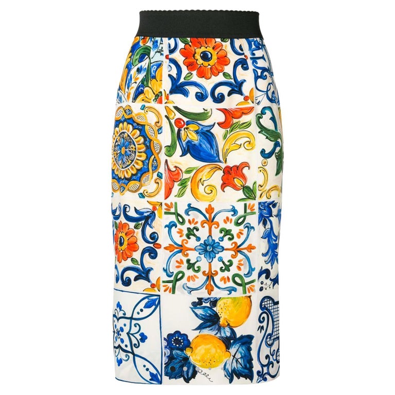 Dolce and Gabbana Multicolor Floral Sicily Maiolica Silk Midi Pencil Skirt  Flowers at 1stDibs