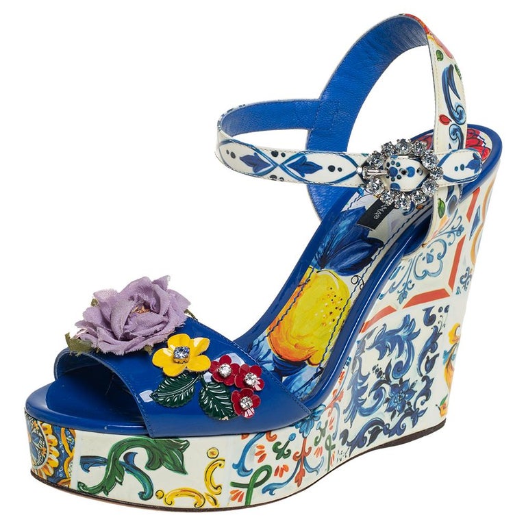 Dolce and Gabbana Multicolor Floral Wedge Platform Ankle Strap Sandals Size  39 at 1stDibs