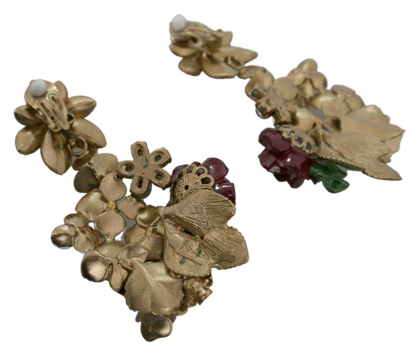 Modern Dolce & Gabbana Multicolor Gold Brass Floral Rose Clip-on Dangle Drop Earrings For Sale