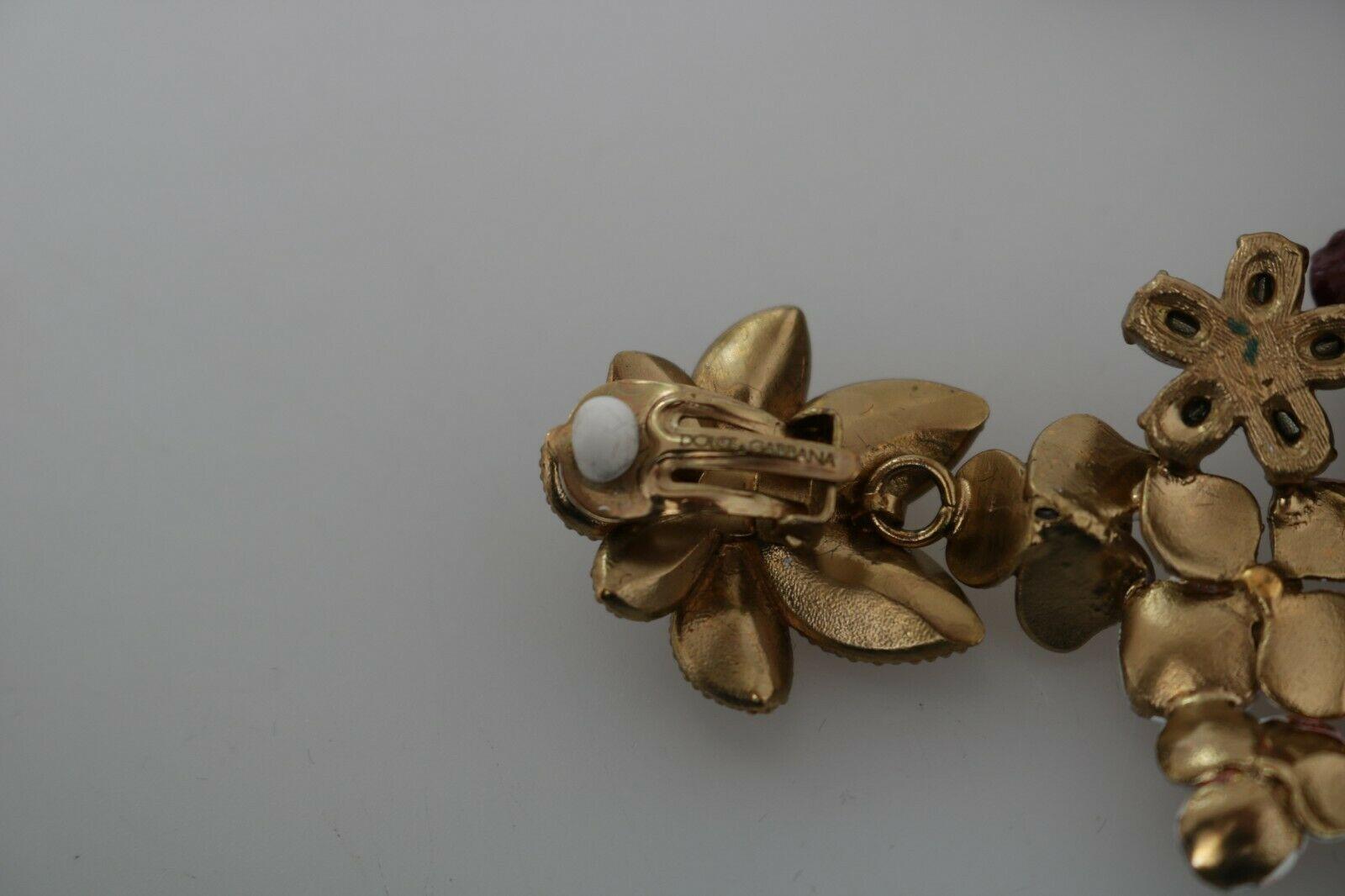 Dolce & Gabbana Multicolor Gold Brass Floral Rose Clip-on Dangle Drop Earrings In New Condition For Sale In WELWYN, GB